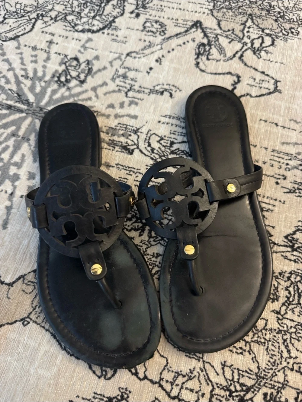 Tory Burch Black Leather Logo Slide Sandals